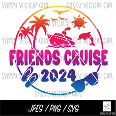 friends cruise logo with palm trees and ship in the distance, on a white background