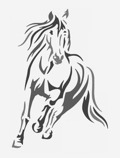 a black and white drawing of a running horse