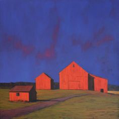 an oil painting of two red barns on a farm at night time with the sky in the background