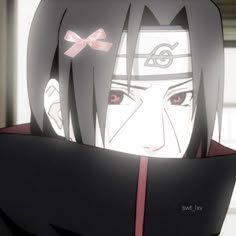 an anime character with black hair and red eyes looks at the camera while standing in front of a window