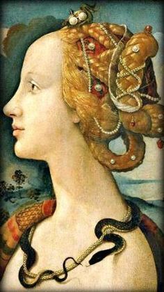 a painting of a woman with an octopus on her head and snake around her neck