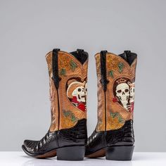 Stallion Dancing Skeleton Boots Concrete Cowboy, Black Caiman, Caiman Crocodile, Custom Cowboy Boots, The Day Of The Dead, Dancing Skeleton, Western Buckles, Boot Companies, Merino Sweater