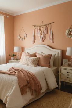 a bedroom with peach walls and white bedding