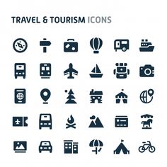 the travel and tourism icons are shown in this set, including buses, cars, tents,