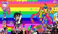 a collage of anime characters with rainbows in the background and an image of cats