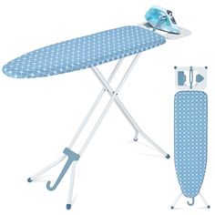 an ironing board and iron on a white background with blue polka dot print fabric