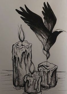 a drawing of two candles and a bird flying over them