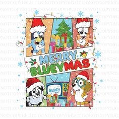 an image of merry blueymass with cartoon characters in the background and snowflakes