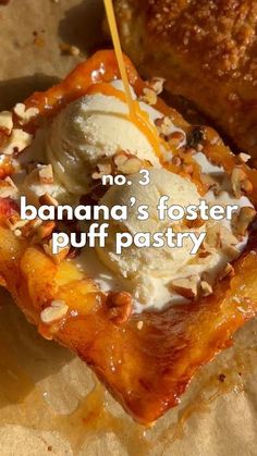 banana fosterer puff pastry with ice cream and nuts