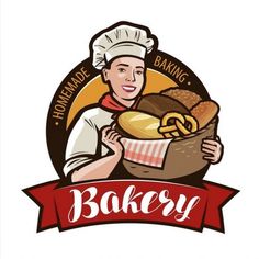 a baker holding a bag full of bread and baked goods for bakery or pastry shop