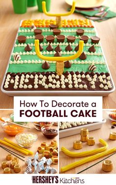 how to decorate a football cake with chocolate frosting and candy on the top, then cut it in half