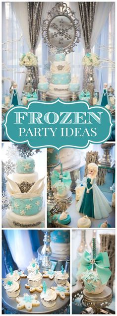 a collage of frozen party ideas including cakes, cupcakes and desserts