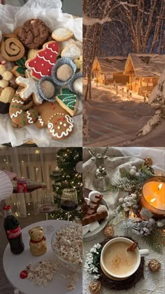 christmas cookies, hot chocolates and other treats are arranged on a table in front of a snowy scene