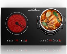 two burners with food cooking on them in the same pan as an electric stove