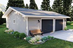 a garage with a bench in front of it on the grass and trees behind it