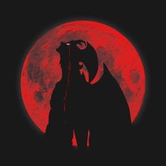 a red full moon with a silhouette of a demon holding a knife in front of it