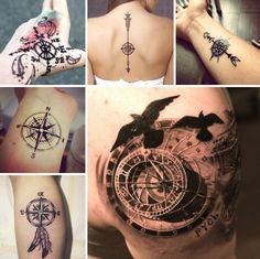 many different tattoos on the back of people's bodies and hands, including one with a compass