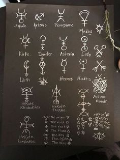 a piece of black paper with white writing on it that has various symbols drawn on it