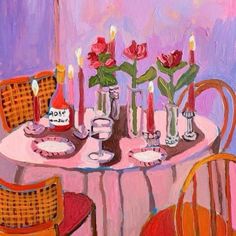 a painting of a table with flowers and candles