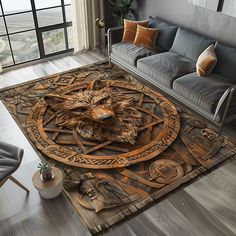 a living room area rug with a wolf head on the floor and an intricate design