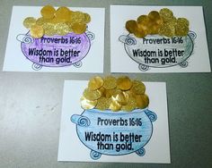 three cards with gold coins and provers are shown in purple, blue, and yellow