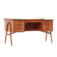 a wooden desk with three drawers and two legs