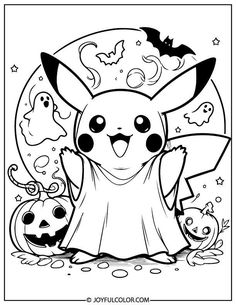 a coloring page with an image of a pikachu and pumpkins in the background