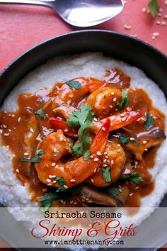 shrimp and grits on rice in a skillet