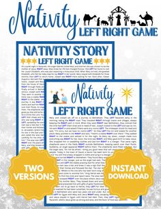 the nativity left right game is shown in blue and yellow with snowflakes around it