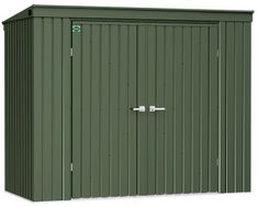 a green metal storage shed with the door open and handle on it's side