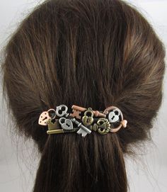 "These seven beautifully sculpted and detailed Locks and Keys are soldered together and atop an 80mm Genuine French Barrette Clip. I loved making this one because it was very challenging to form the collage to cover the clip properly. A little vintage and a little Steampunk all rolled into one very attractive and unusual barrette. Hand soldered and a soft hand satined finish adds to the beauty of this piece. Very lightweight as are all my pieces Measures 3 1/2\" long x 1 1/8\" wide Shipped in a Steampunk Hair Accessories, Steampunk Hair, Locks And Keys, Steampunk Coat, Steampunk Hairstyles, Hair Acessories, Steampunk Diy, Turquoise Jewelry Native American, Key Jewelry