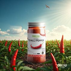 a jar of chilli pepper sitting in the middle of a field