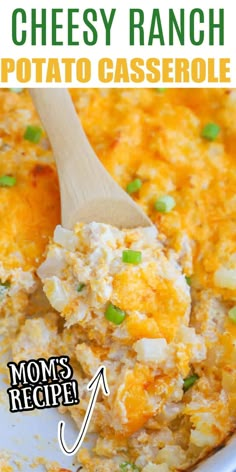 cheesy ranch potato casserole recipe in a white dish with a wooden spoon