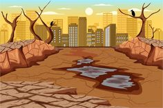 an image of a city landscape with birds perched on the trees and puddles in the ground