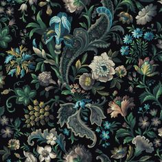 an image of a floral wallpaper with many different flowers and leaves on black background