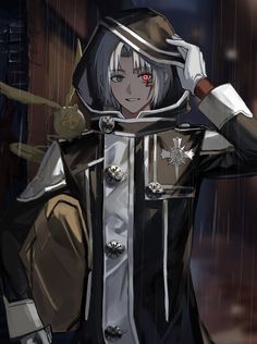 an anime character wearing a hoodie and holding his hands on his head in the rain