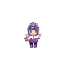 a small doll with purple hair and wings on it's head, standing in front of a white background