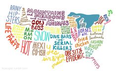 the united states map with words written in different colors and sizes, including blue, yellow, red, green, orange, white