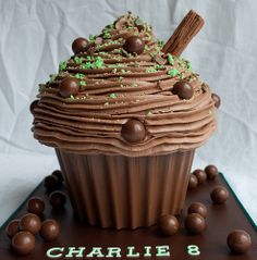 a cupcake with chocolate frosting and green sprinkles on top that says charlie 8