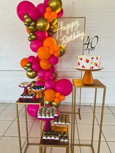 a birthday party with balloons, cake and cupcakes