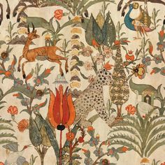 an artistic painting with animals and flowers on the wall in front of trees, bushes, and birds