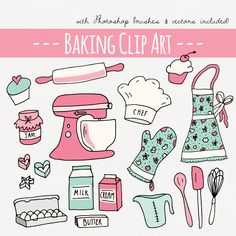 an illustration of baking clipart with kitchen supplies and utensils on the side