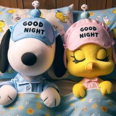 two stuffed animals laying on top of a bed next to each other with good night written on them