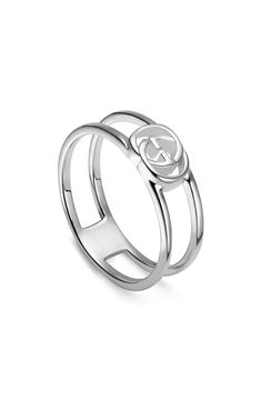 This minimal sterling silver ring features the emblematic interlocking G motif set on two thin silver bands. Style Name:Gucci Interlocking G Silver Ring. Style Number: 6134005. Available in stores. Gucci Ring Silver, Luxury Silver Rings, Dior Ring Silver, Shifting Jewelry, College Wishlist, Fine Jewelry Rings, Fendi Ring, Sterling Silver Rings Simple, Gucci Ring