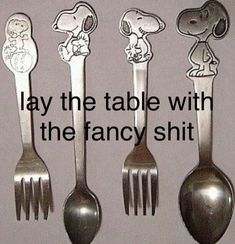 four spoons and two forks with cartoon characters on them are shown in this advertisement