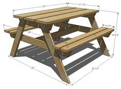 a wooden picnic table with measurements for the top and bottom section, including two benches