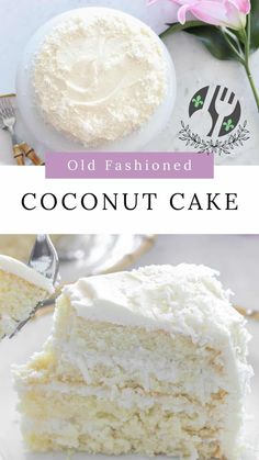 an old fashioned coconut cake on a white plate