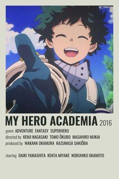 the poster for my hero academa, featuring an image of a man with black hair