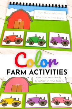 colorful farm activities for kids to learn colors with pictures on the pages and in front of them