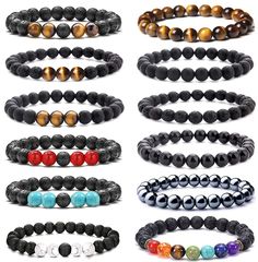 PRICES MAY VARY. Mens Lava Beads Bracelets Set - 12pcs mens lava rock bead bracelets in one set, contains lava rock bracelet, black onyx bracelet, 7 chakra,tiger eye bracelet and so on, lava rocks stone are porous making them perfect for absorbing and diffusing essential oils. various styles match your everyday need. Quality Material - 8mm high-quality stone beads and elastic string, are comfortable and last longer. bracelets beads are not easy to fade for a long time, classic mens style beaded Yoga Bracelet Beads, Yoga Beads, Lava Rock Bracelet, Lava Bead Bracelet, Oil Diffuser Bracelet, Elastic Rope, Essential Oil Diffuser Bracelet, Black Onyx Bracelet, Trendy Bracelets